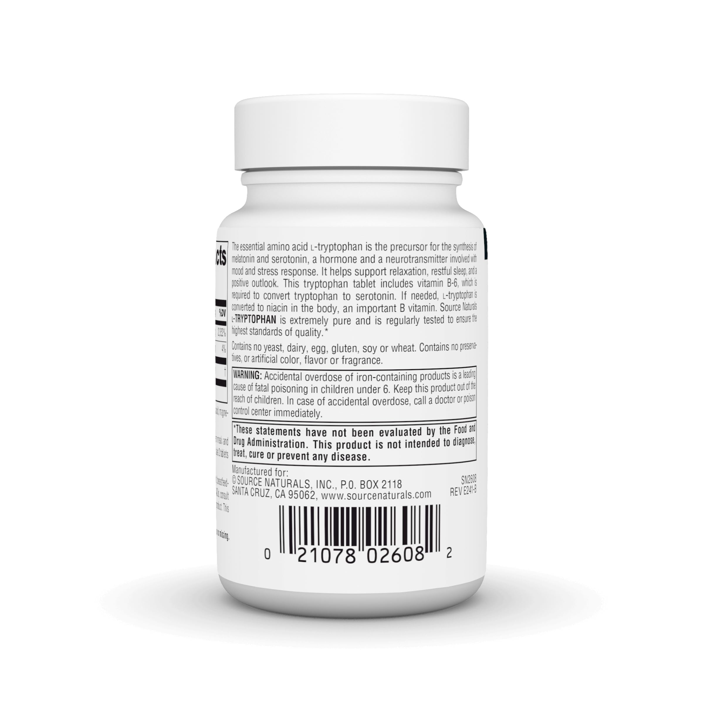 Label detail of Source Naturals L-Tryptophan showing purity and ingredients