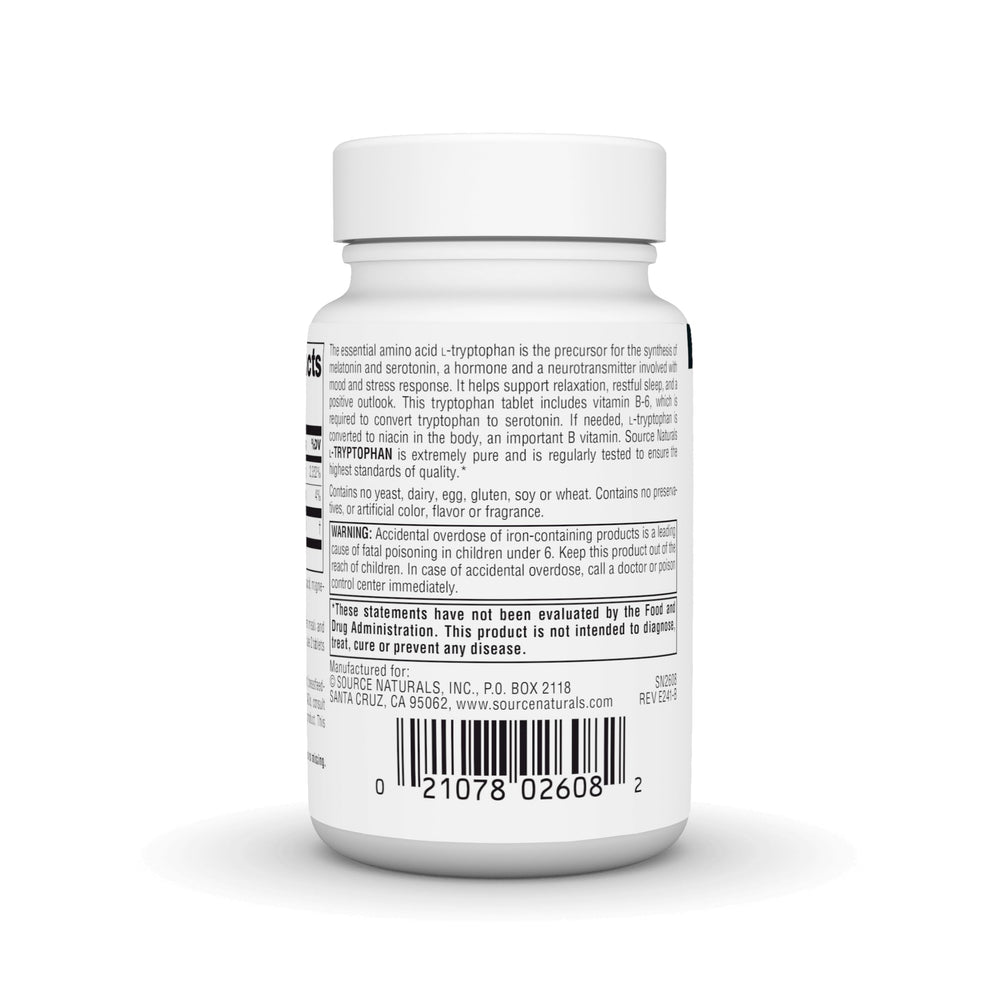 Label detail of Source Naturals L-Tryptophan showing purity and ingredients