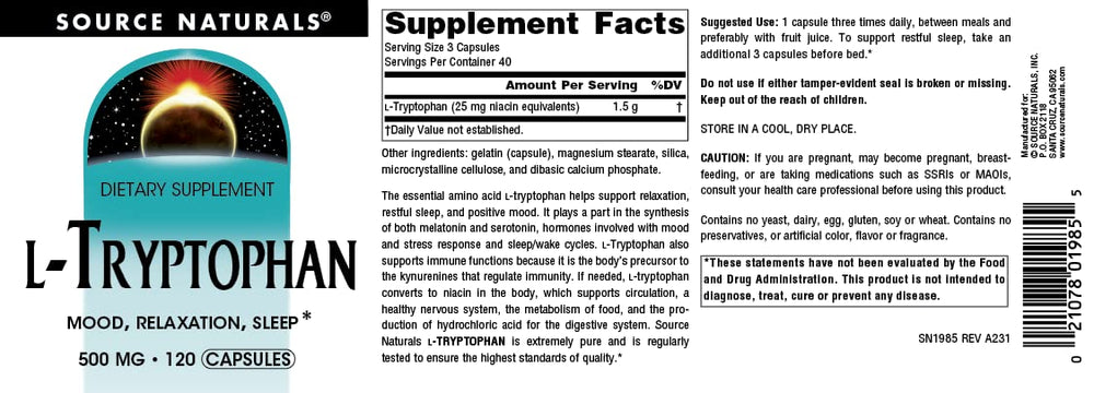 Source Naturals L-Tryptophan packaging on desk emphasizes USA-made quality.