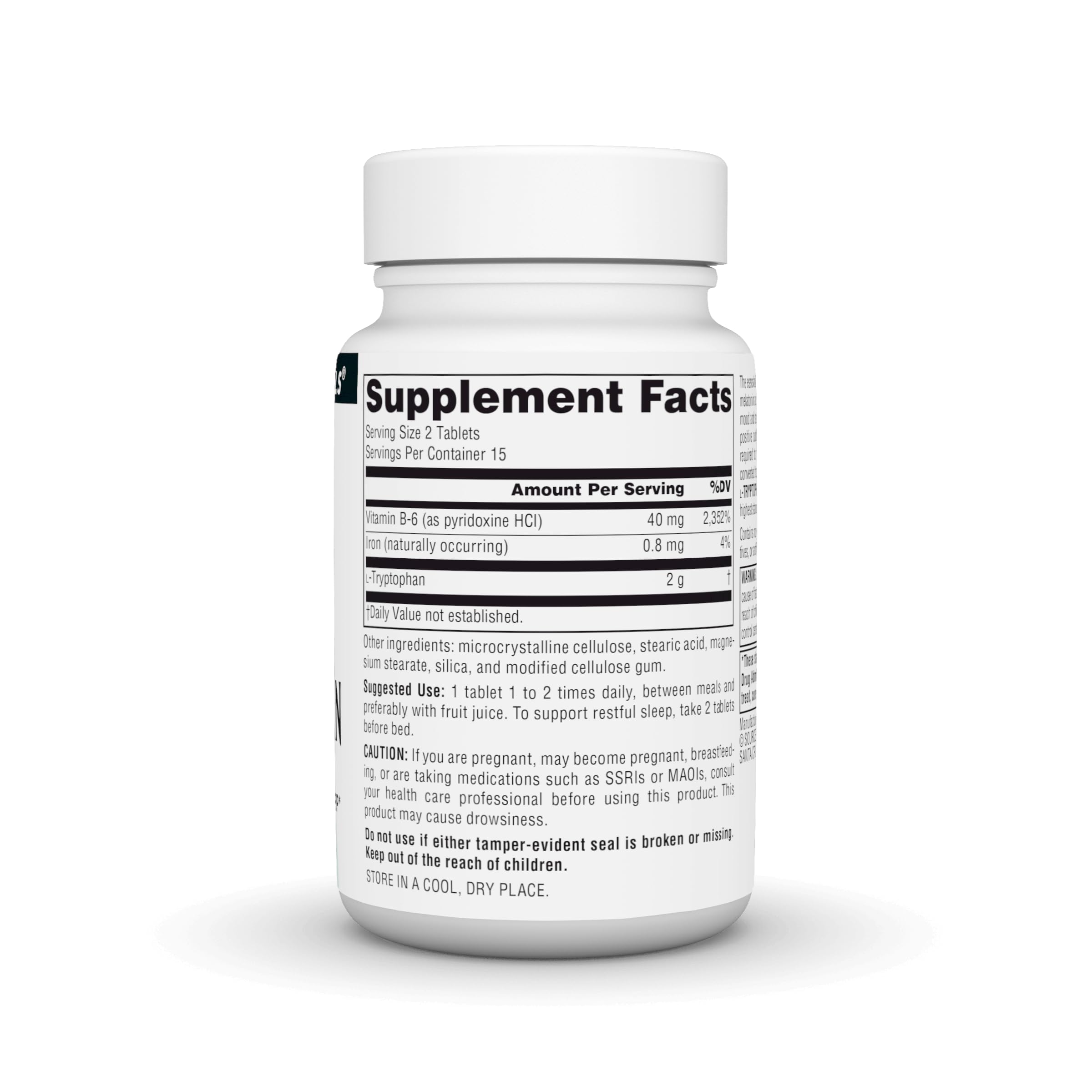 Close-up of Source Naturals L-Tryptophan tablets for daily use
