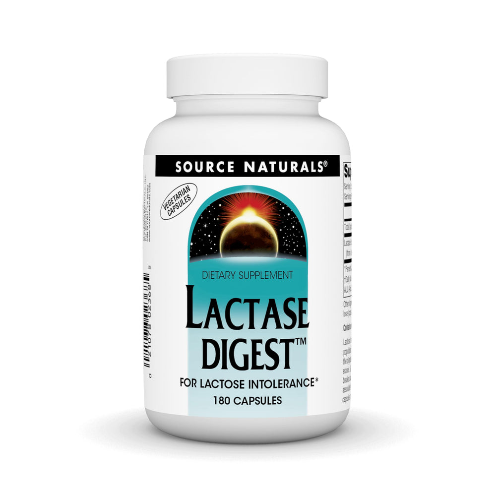 Source Naturals Lactase Digest bottle with capsules for dairy meals.