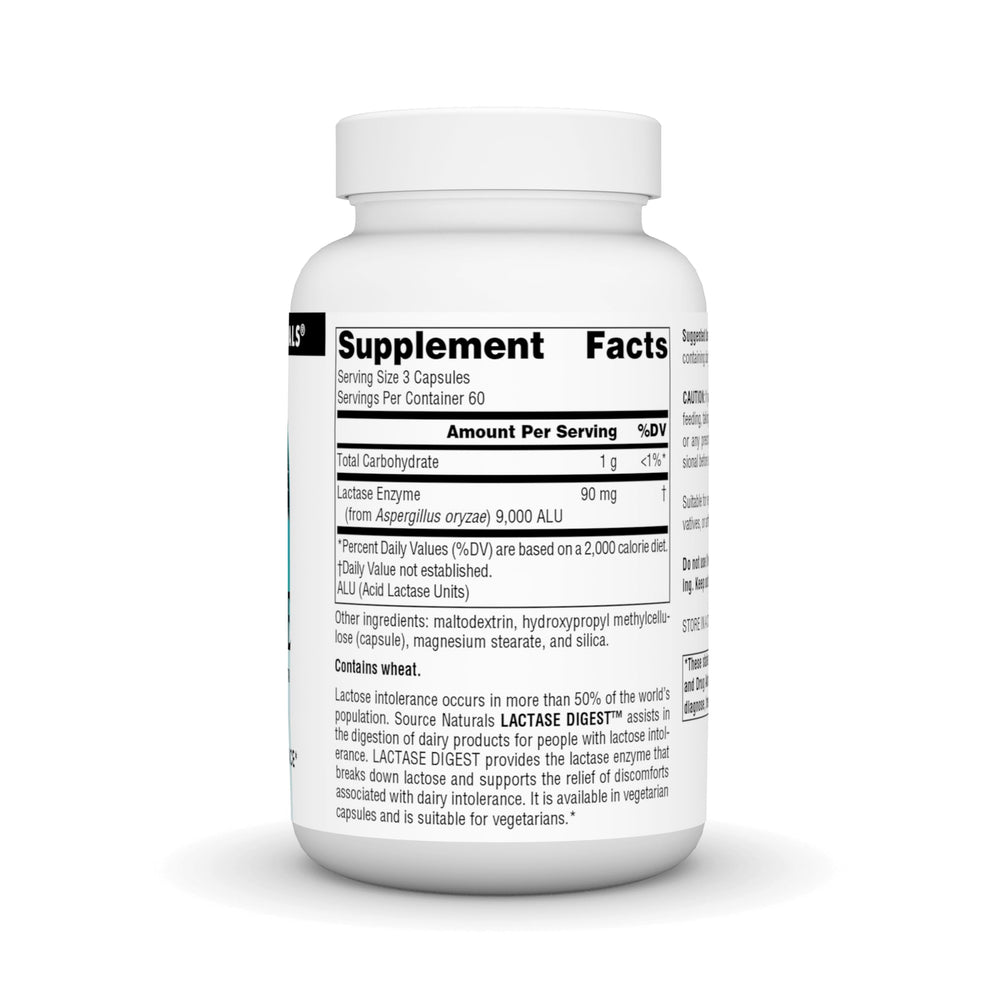 Source Naturals Lactase Digest shown with a dairy meal for lactose support.