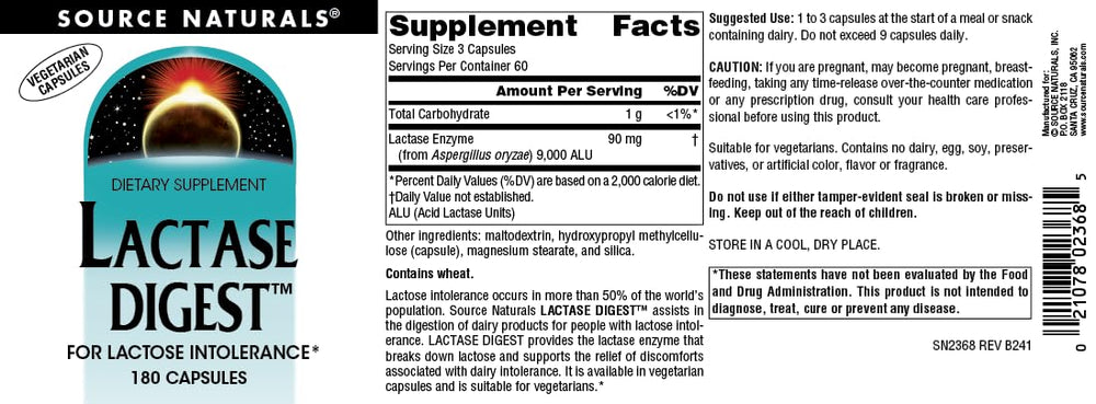 Wheat allergy warning label on Source Naturals Lactase Digest packaging.
