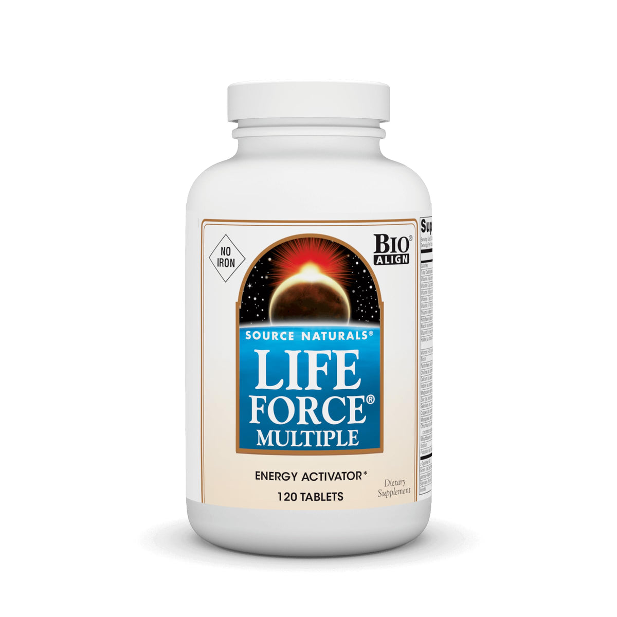 Source Naturals Life Force Iron Free tablets bottle, daily multivitamin for energy support.