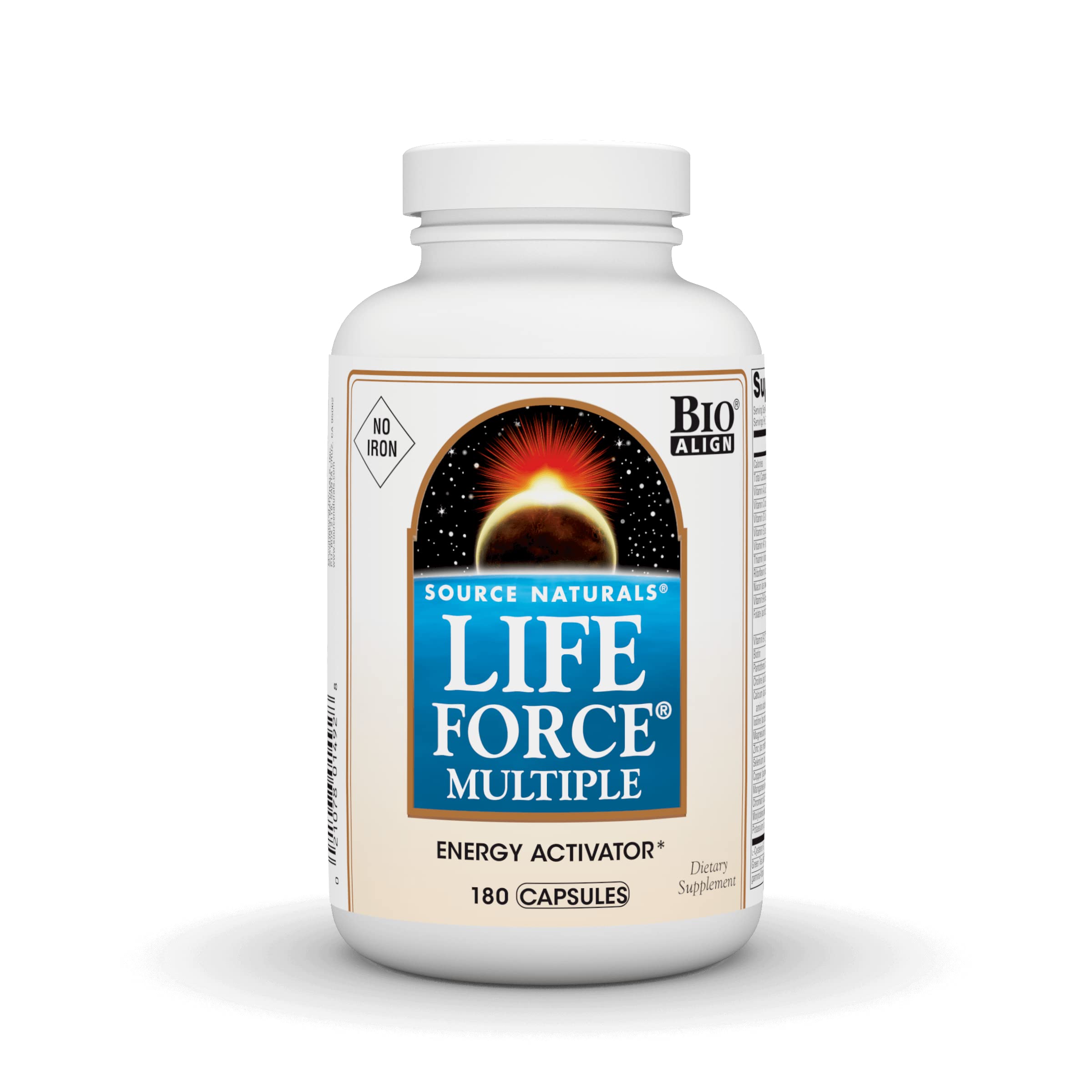 Source Naturals Life Force Multivitamin bottle on a kitchen counter for daily vitality.