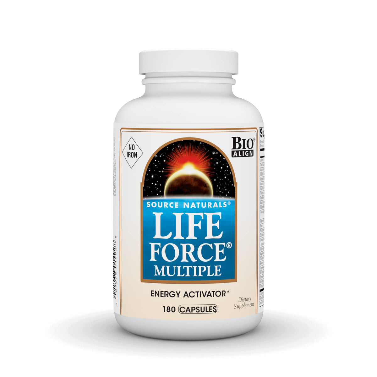 Source Naturals Life Force Multivitamin bottle on a kitchen counter for daily vitality.