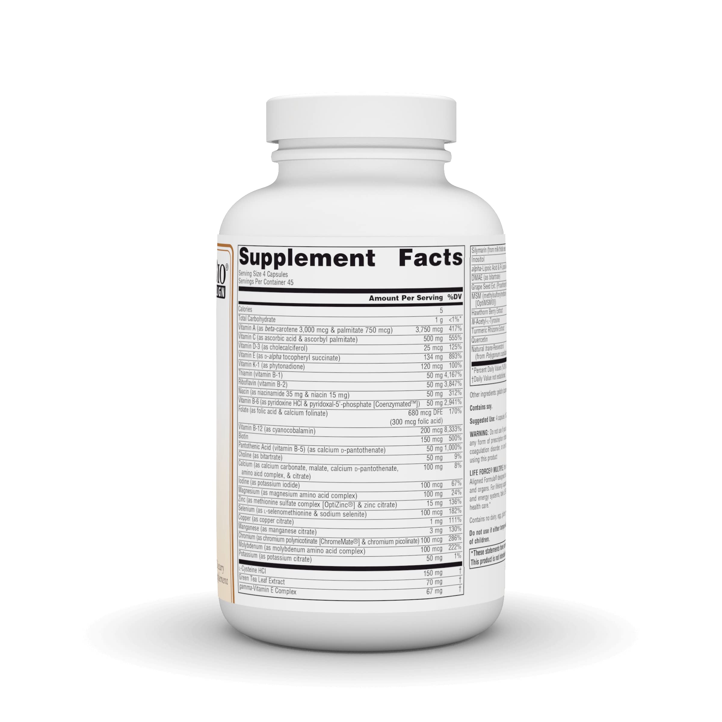 Source Naturals Life Force Multivitamin capsule close-up highlighting high potency vitamins and minerals.