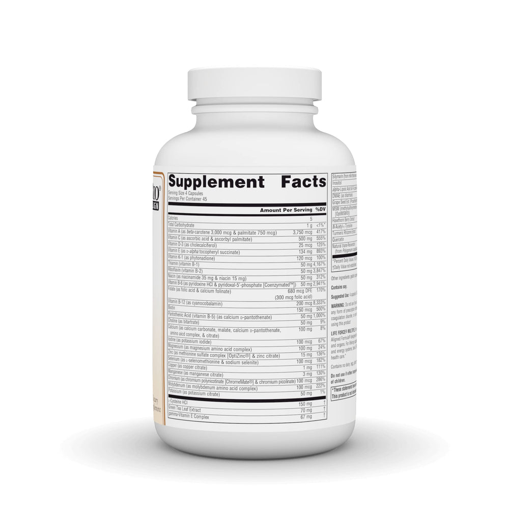 Source Naturals Life Force Multivitamin capsule close-up highlighting high potency vitamins and minerals.