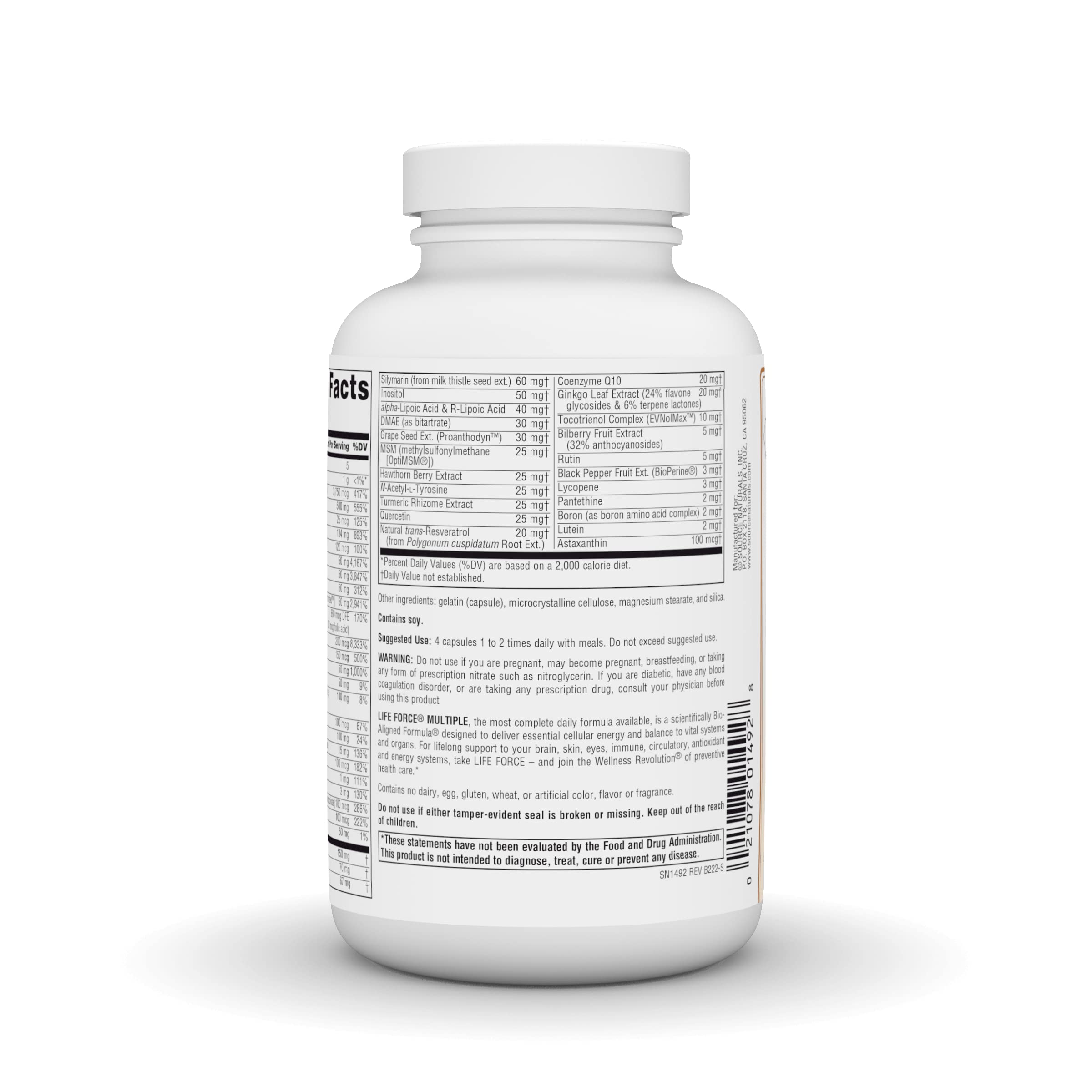 Source Naturals Life Force label close-up showing iron-free formula for everyday wellness.