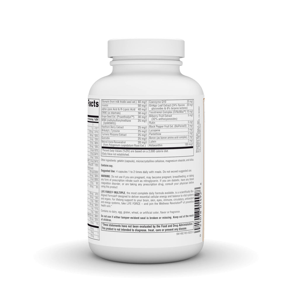 Source Naturals Life Force label close-up showing iron-free formula for everyday wellness.