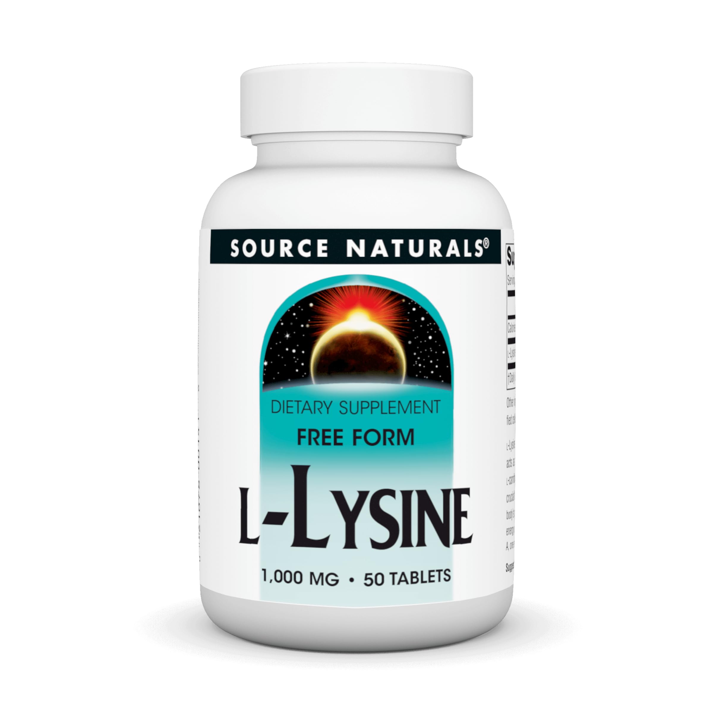 Source Naturals L-Lysine Free Form bottle front view highlighting product name and dosage