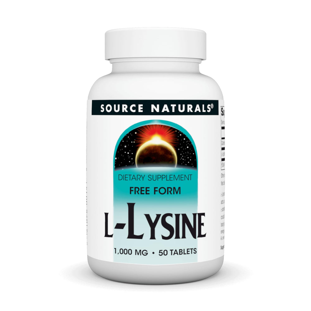 Source Naturals L-Lysine Free Form bottle front view highlighting product name and dosage