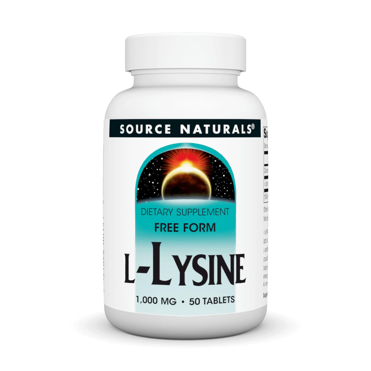 Source Naturals L-Lysine Free Form bottle front view highlighting product name and dosage