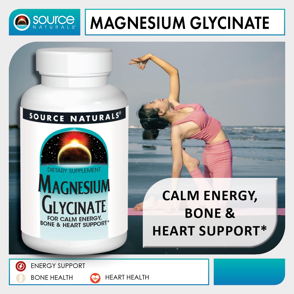 Source Naturals magnesium glycinate in hand for daily use and calming focus support