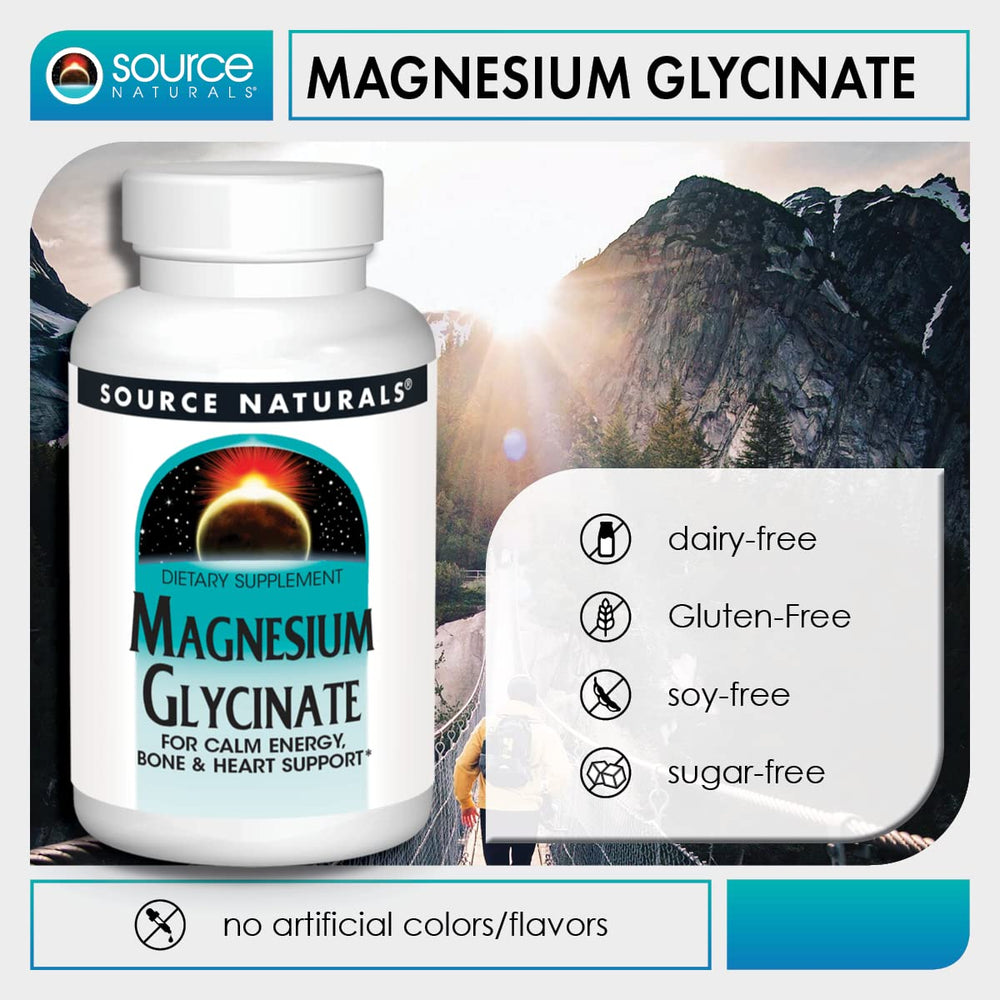 Source Naturals magnesium glycinate ingredients list close-up highlighting high absorption formulation