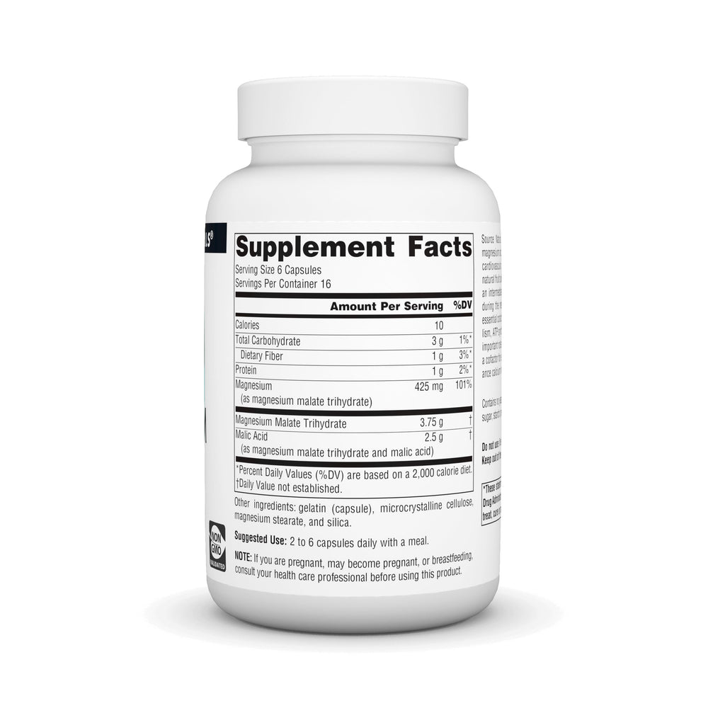 Source Naturals Magnesium Malate bottle back label with directions and allergen-free formulation.