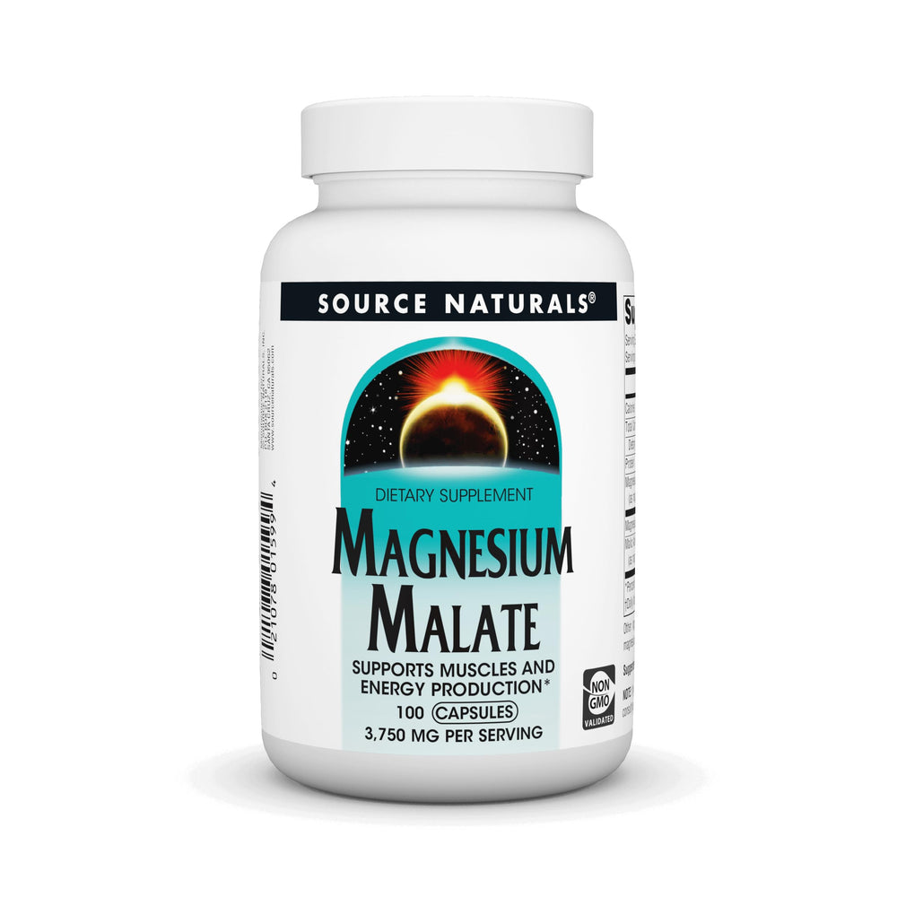 Source Naturals Magnesium Malate bottle front with 3750 mg per serving for daily mineral support.