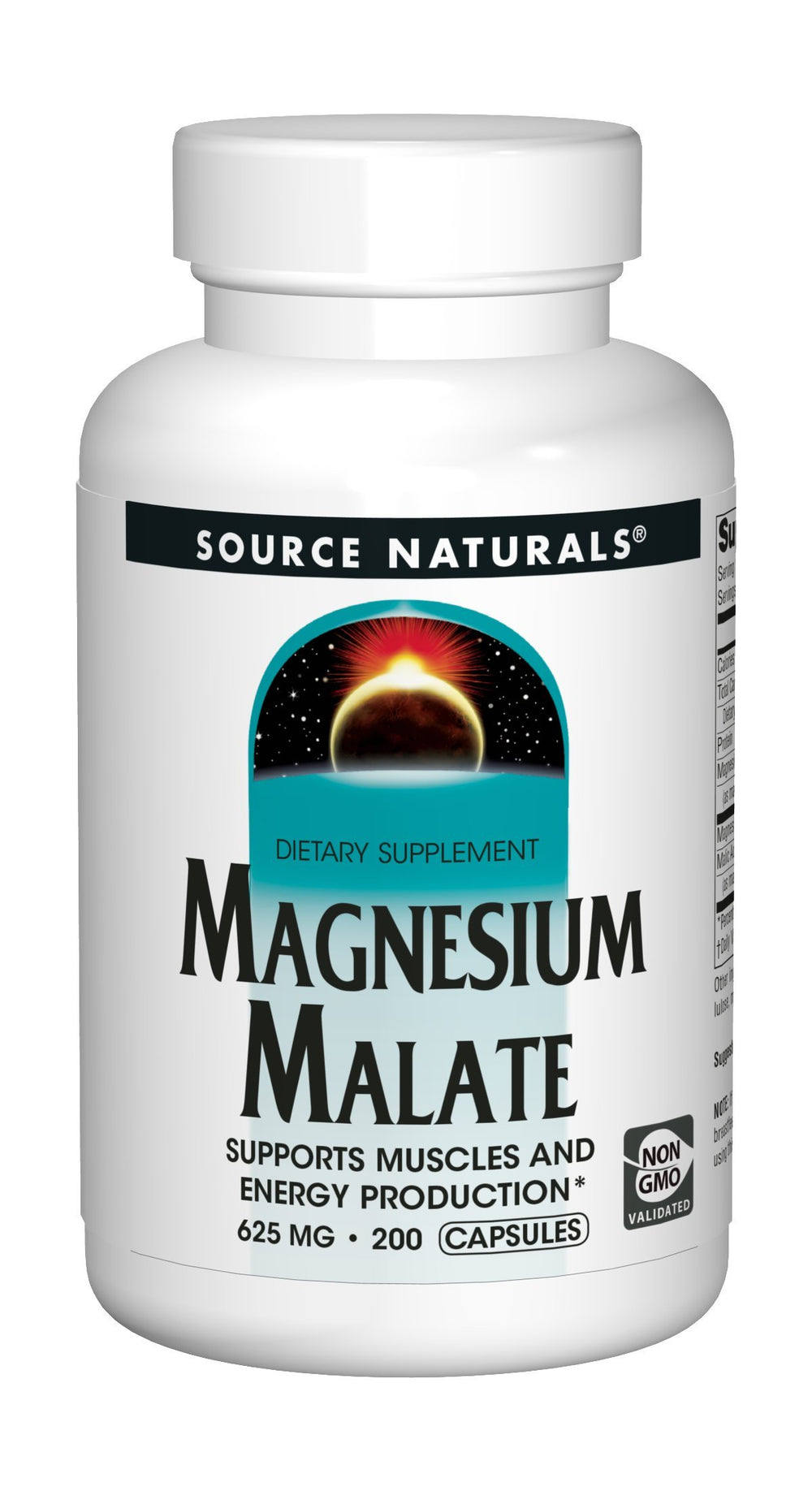 Source Naturals Magnesium Malate 625mg bottle with easy-to-swallow capsules for daily use.