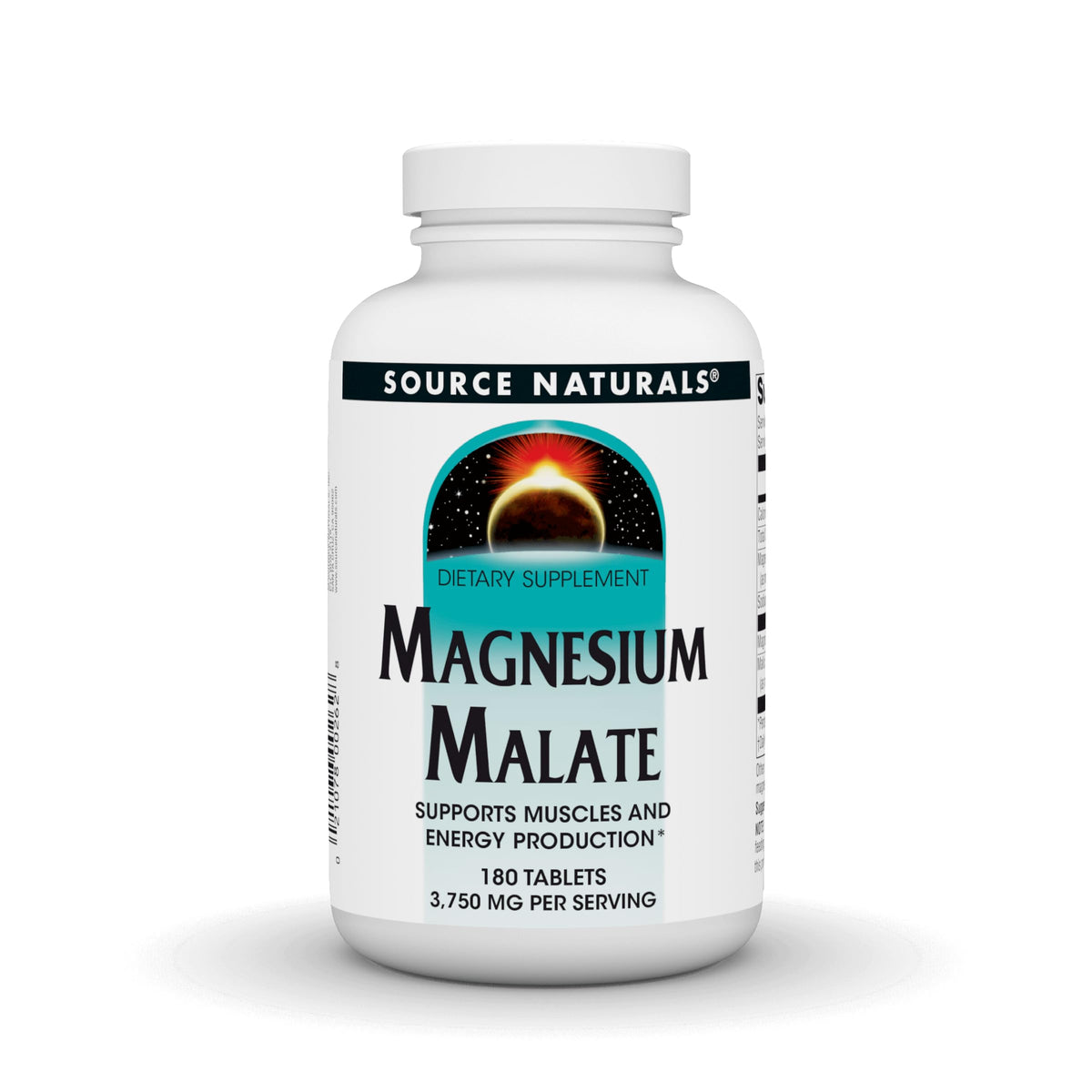 Source Naturals Magnesium Malate bottle label highlighting high potency for daily use.