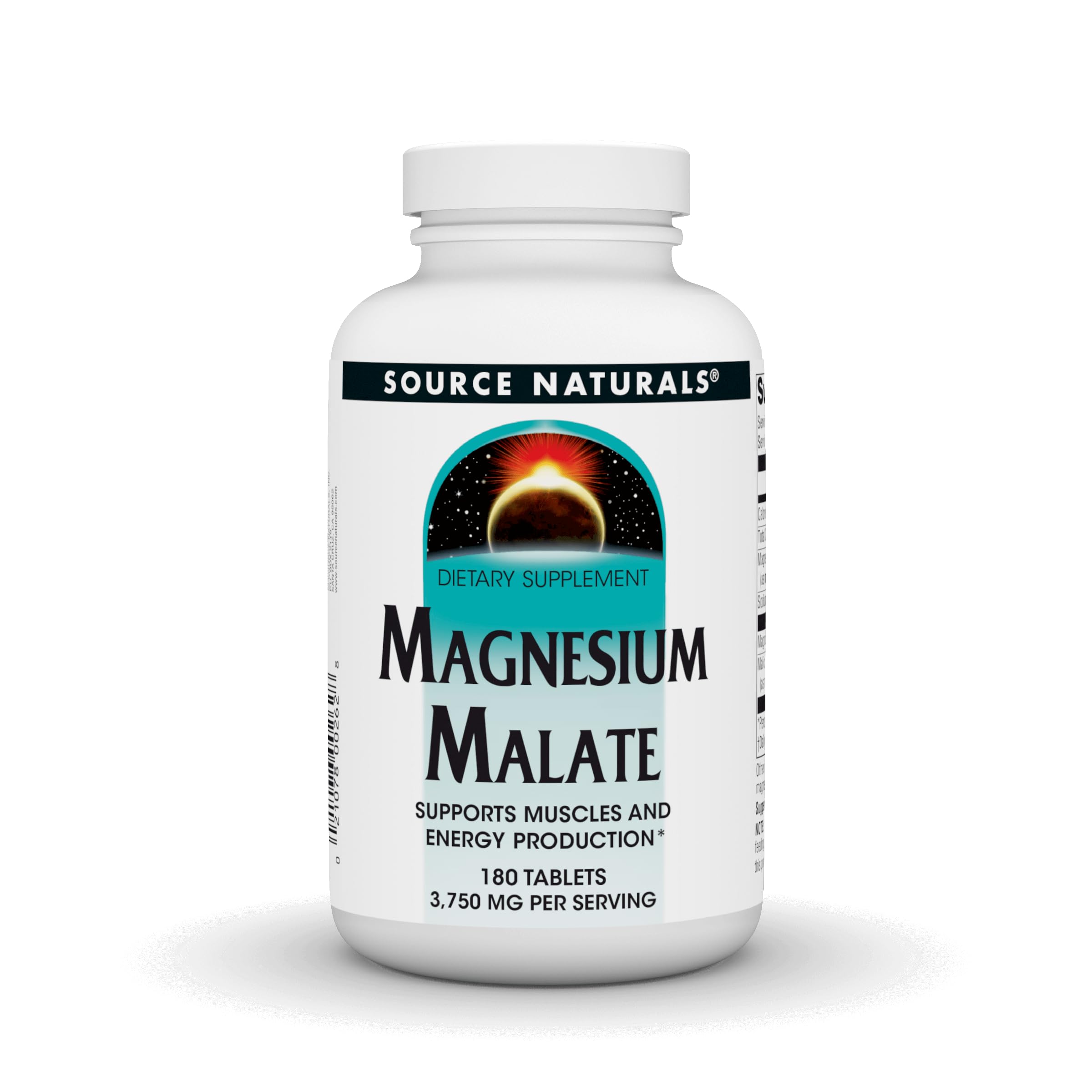 Source Naturals Magnesium Malate bottle label highlighting high potency for daily use.