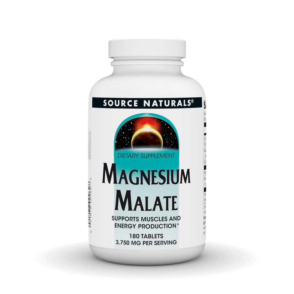 Source Naturals Magnesium Malate bottle label highlighting high potency for daily use.
