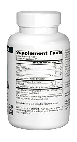 Source Naturals Magnesium Malate capsules closeup highlighting bioavailable magnesium for daily use.