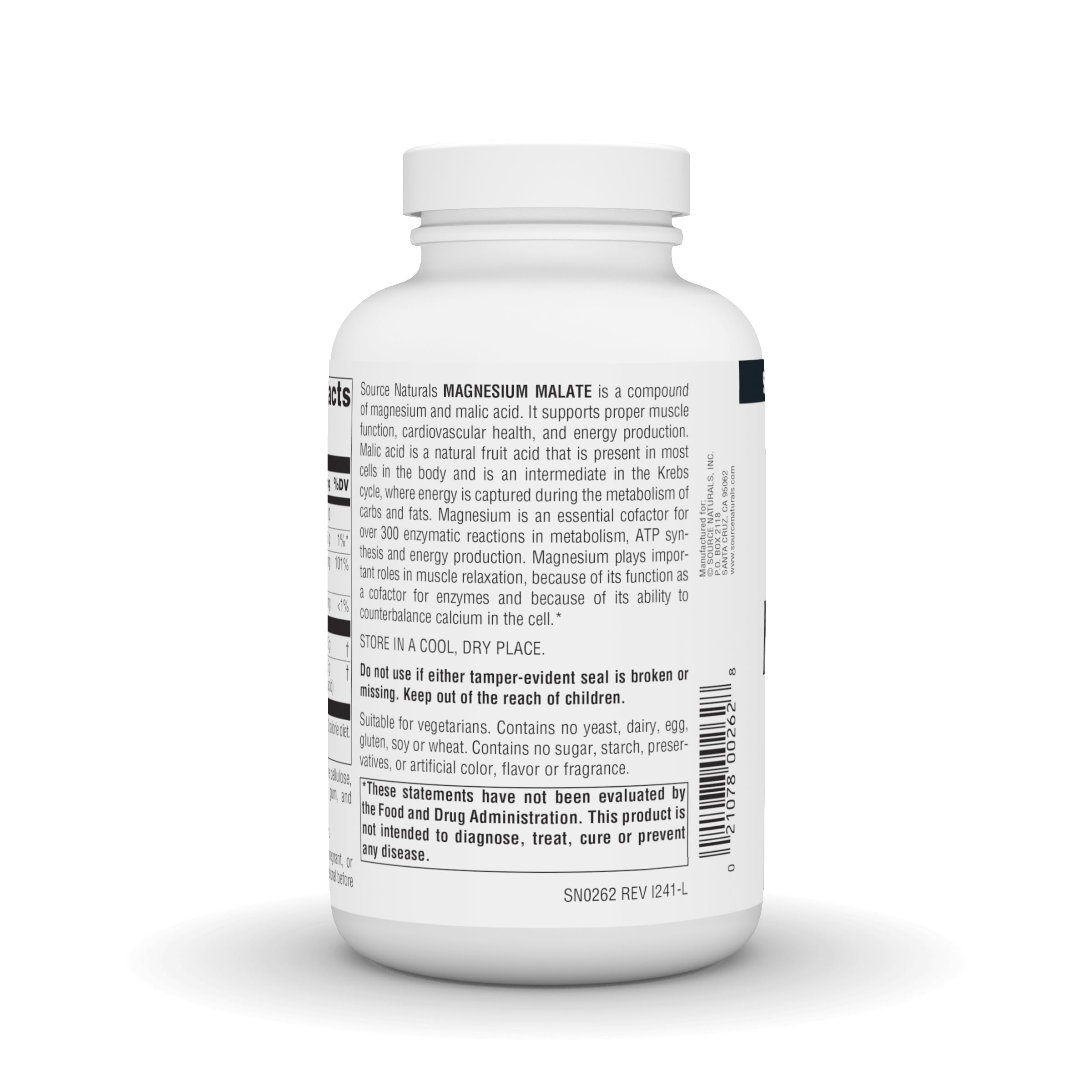 Source Naturals Magnesium Malate ingredients panel emphasizing allergen-free formulation.