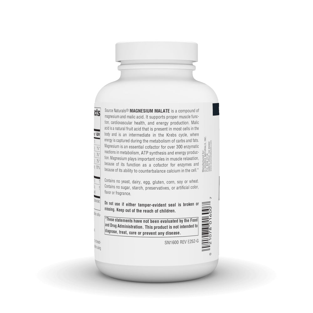 Source Naturals Magnesium Malate label provides clear dosage guidance.
