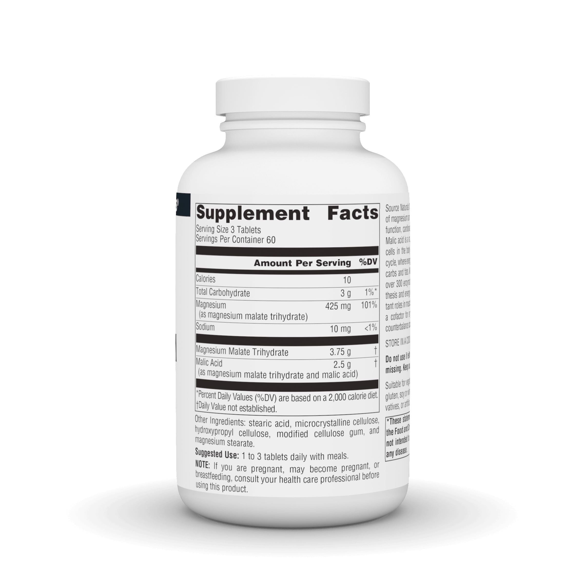 Source Naturals Magnesium Malate tablets close-up, showing vegetarian-friendly daily supplement.