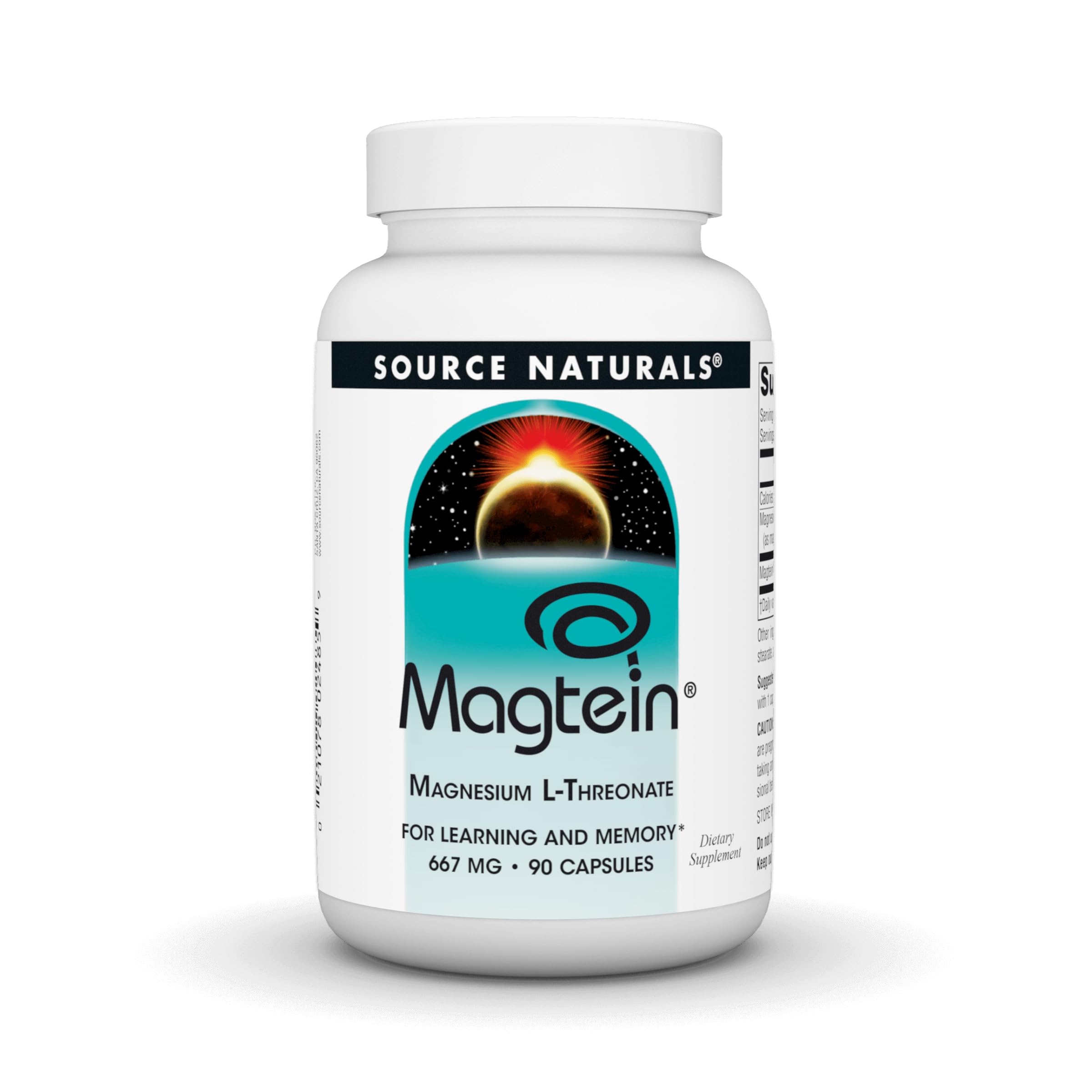 Source Naturals Magtein capsules bottle on desk suggesting convenient focus support