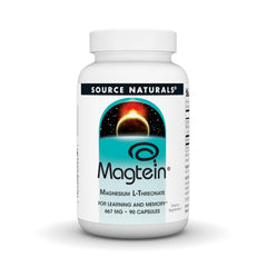 Source Naturals Magtein capsules bottle on desk suggesting convenient focus support