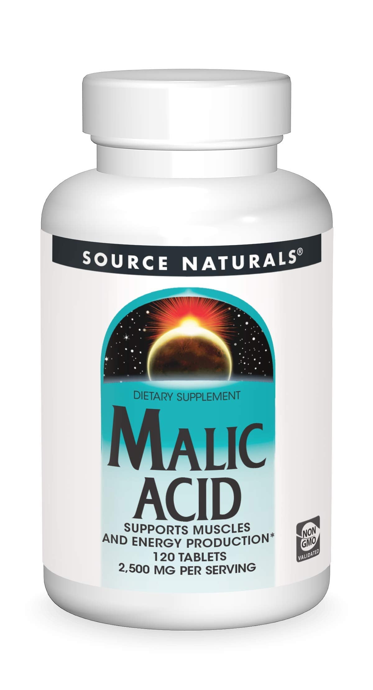 Source Naturals Malic Acid bottle label, supports energy production.