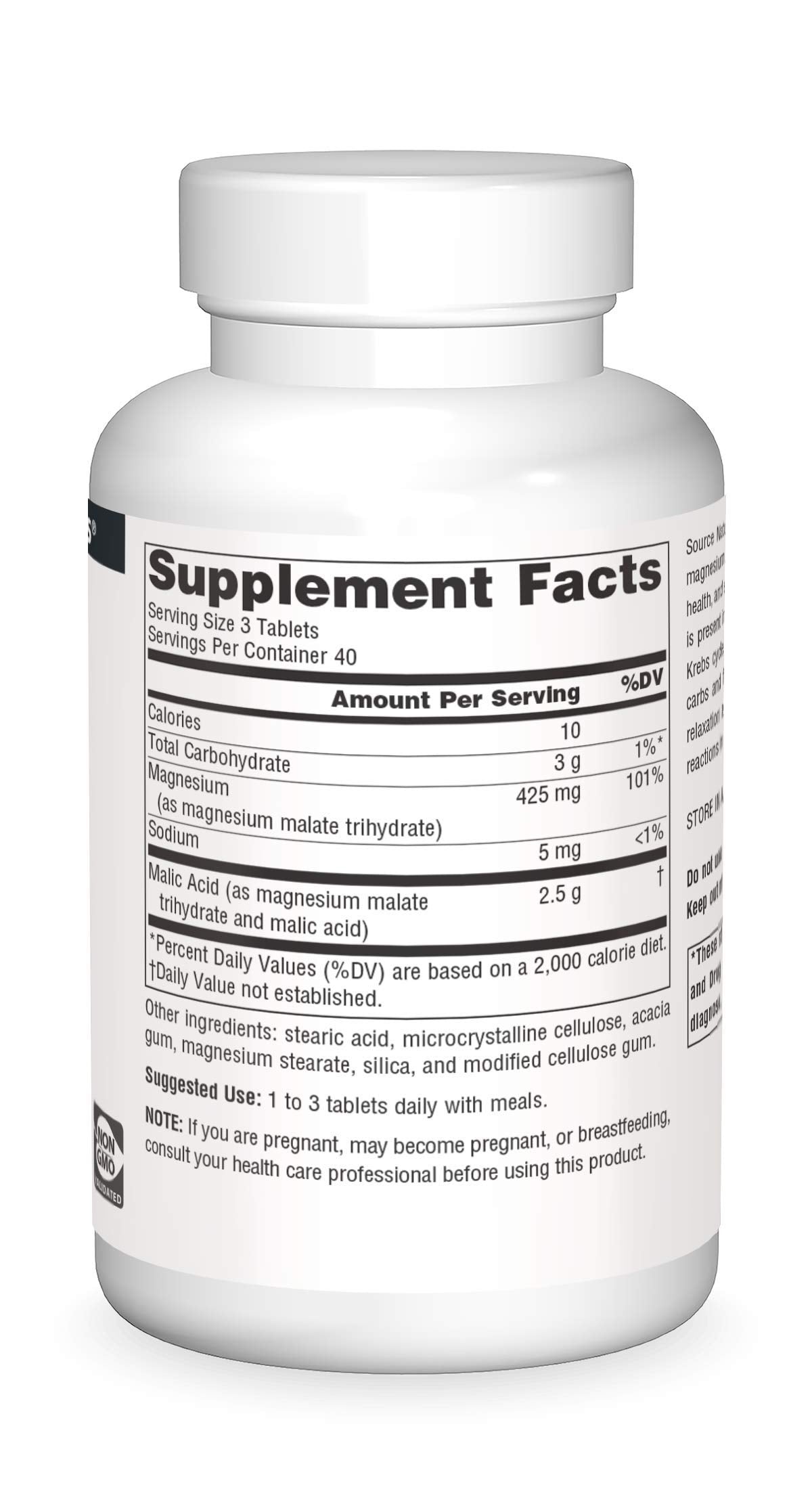 Source Naturals Malic Acid bottle with glass of water, taken with meals.