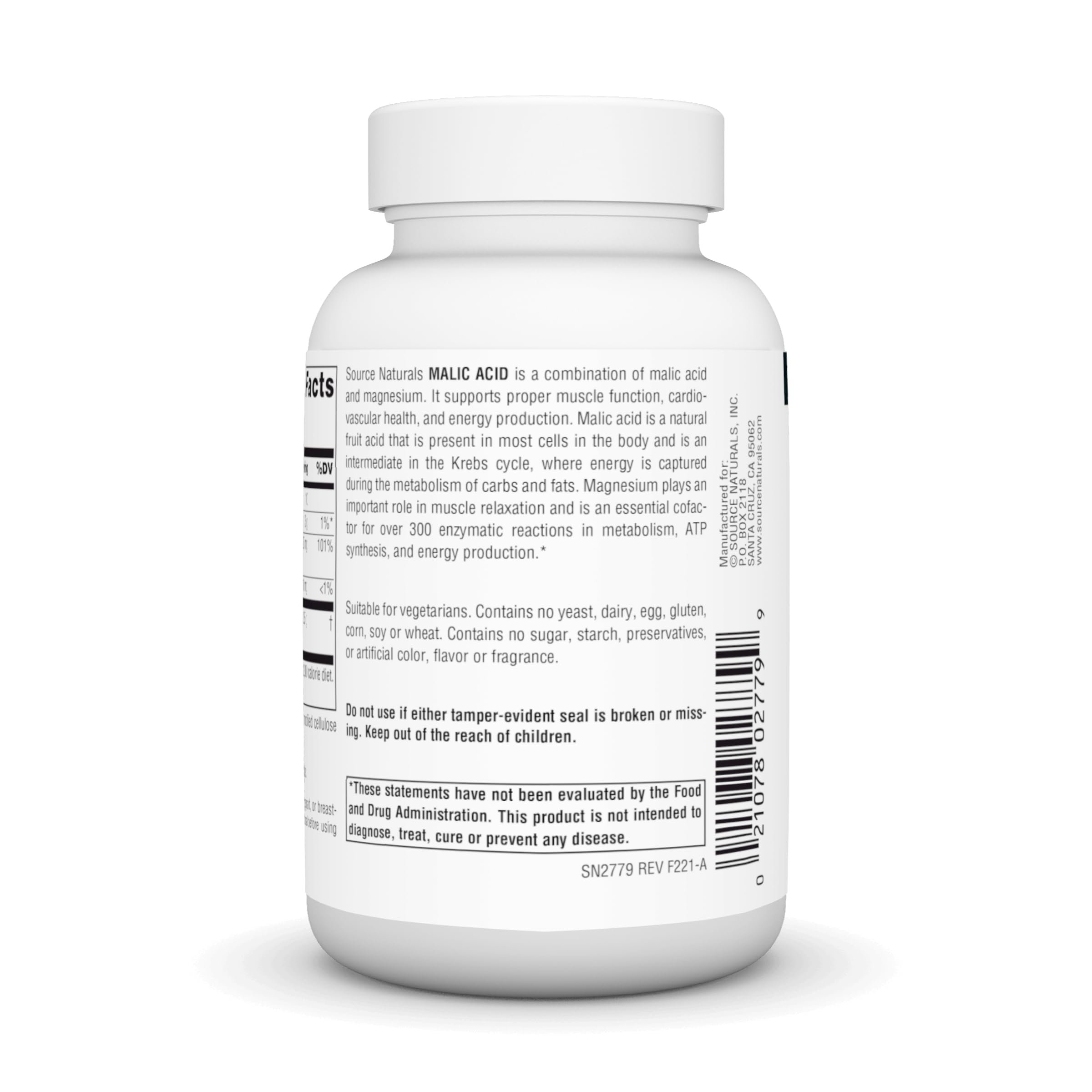 Source Naturals Malic Acid pills close-up for vegetarian-friendly supplement