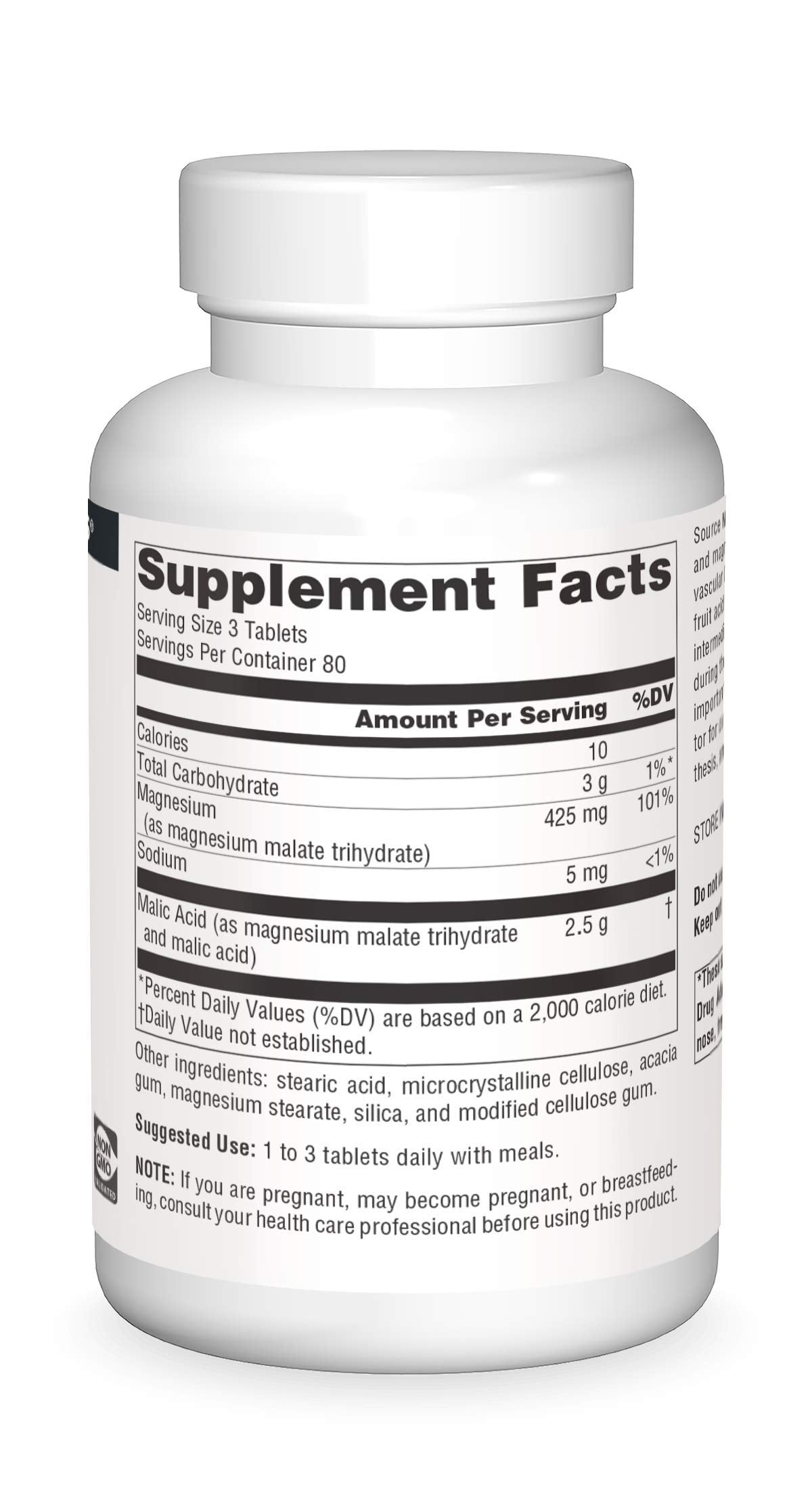 Source Naturals Malic Acid tablets back view with serving guidance and vegetarian notes