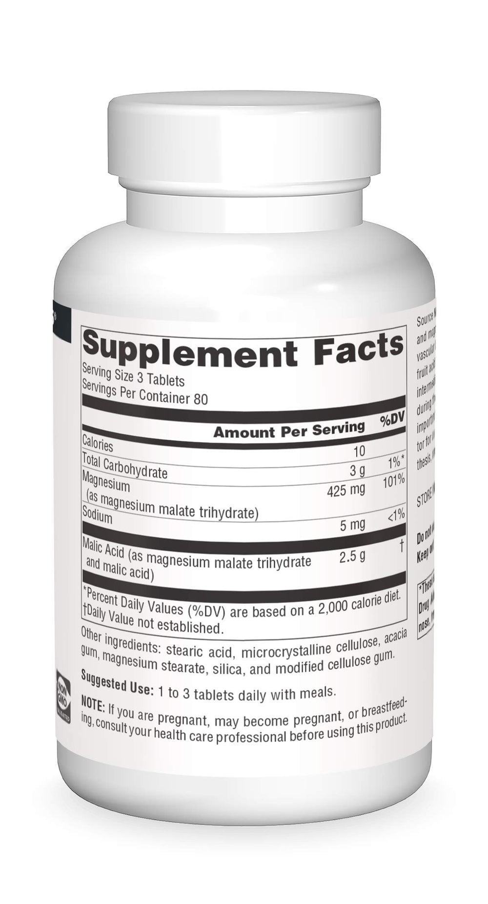 Source Naturals Malic Acid tablets back view with serving guidance and vegetarian notes