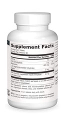 Source Naturals Malic Acid tablets back view with serving guidance and vegetarian notes