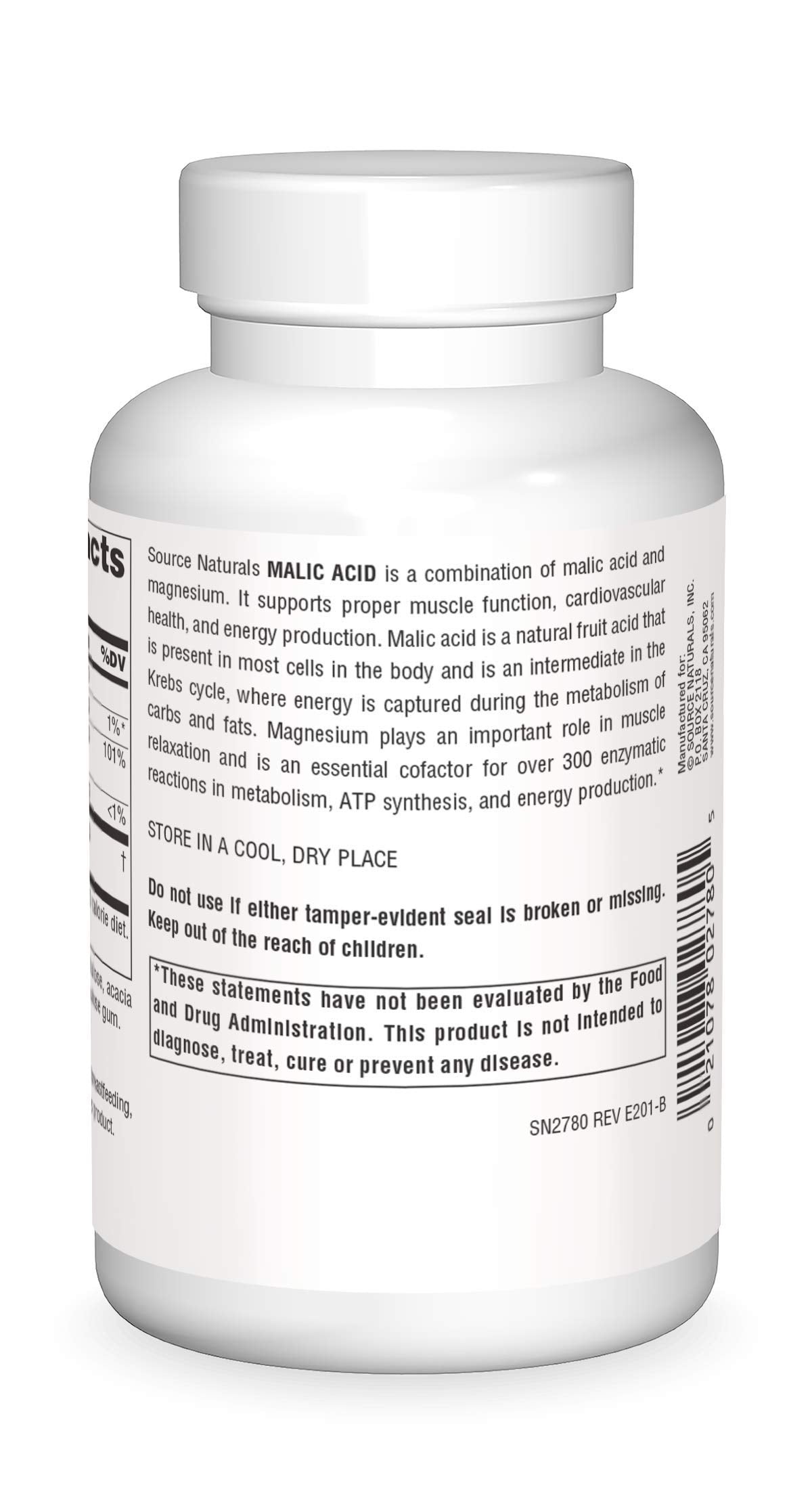 Source Naturals Malic Acid tablets close-up, easy-to-swallow for daily use.