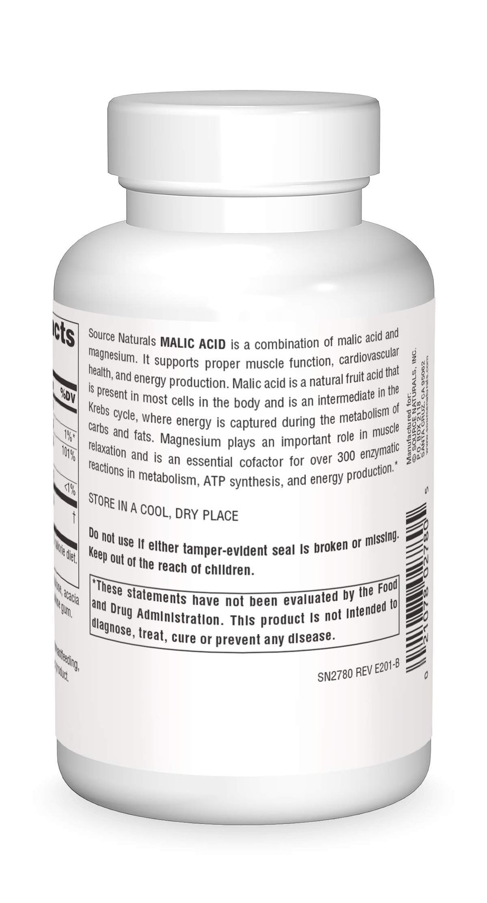 Source Naturals Malic Acid tablets close-up, easy-to-swallow for daily use.