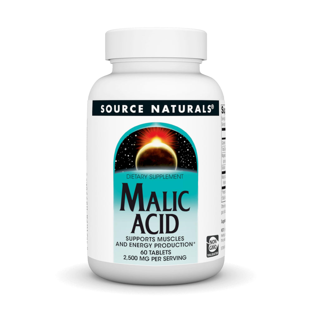 Source Naturals Malic Acid tablets front view highlighting potency and daily use