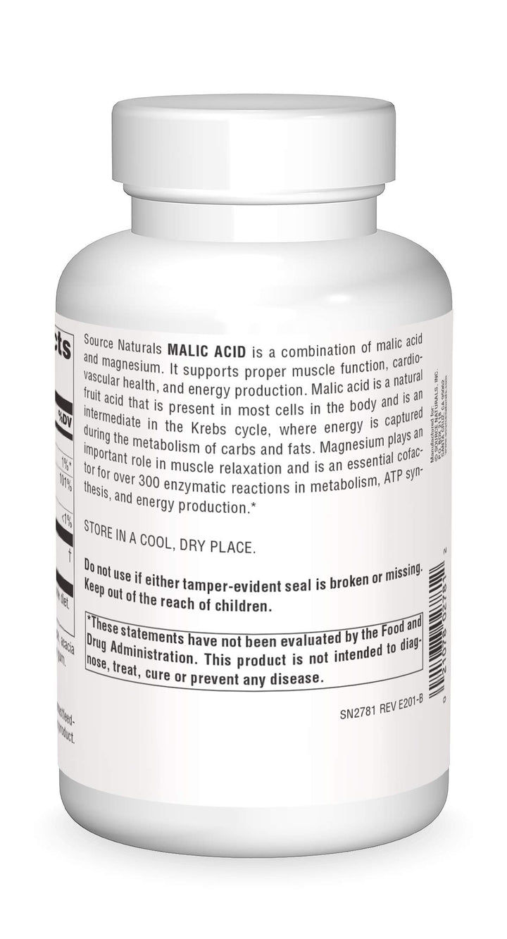 Source Naturals Malic Acid tablets front view ready for daily energy support