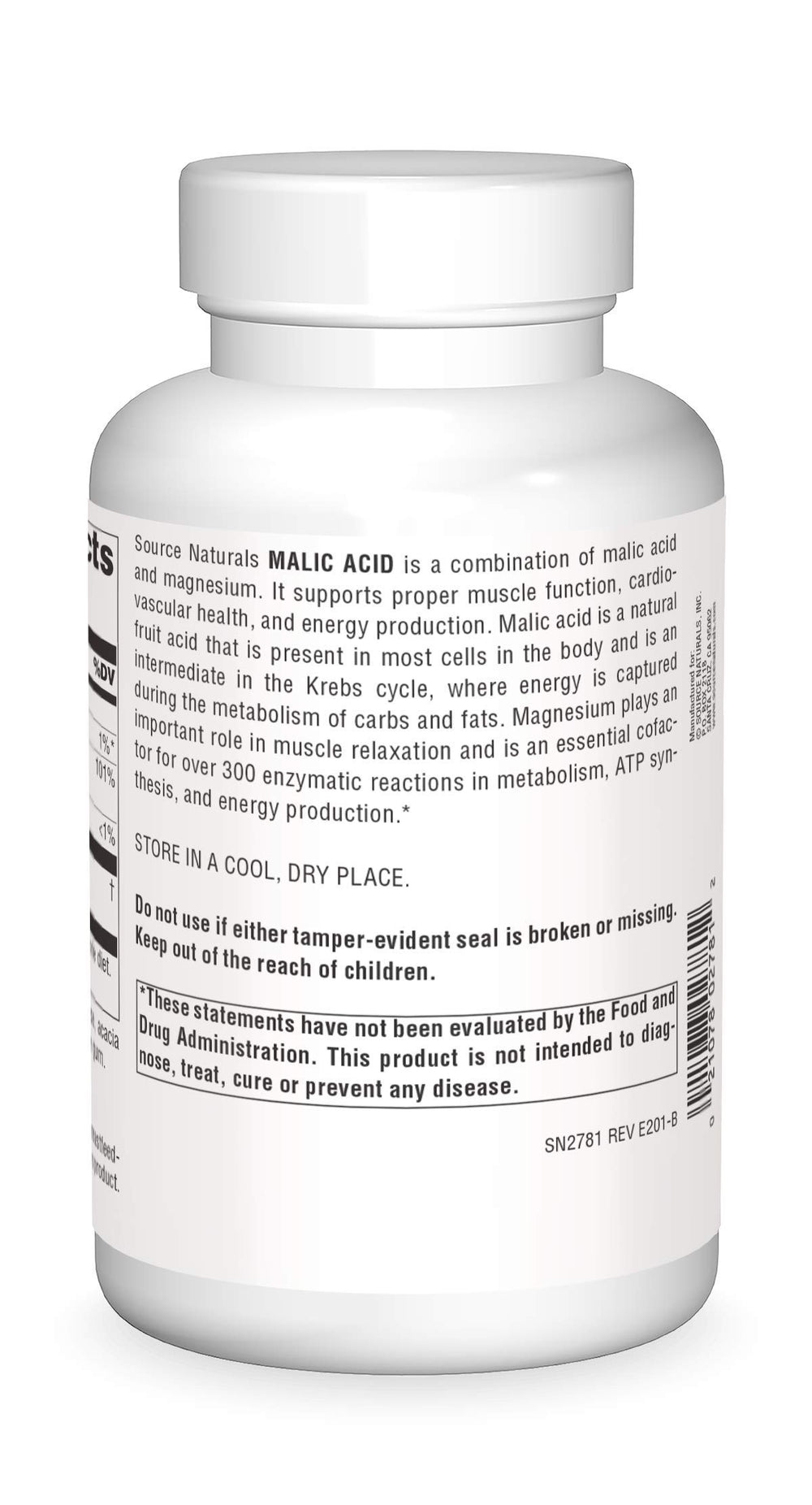 Source Naturals Malic Acid tablets front view ready for daily energy support