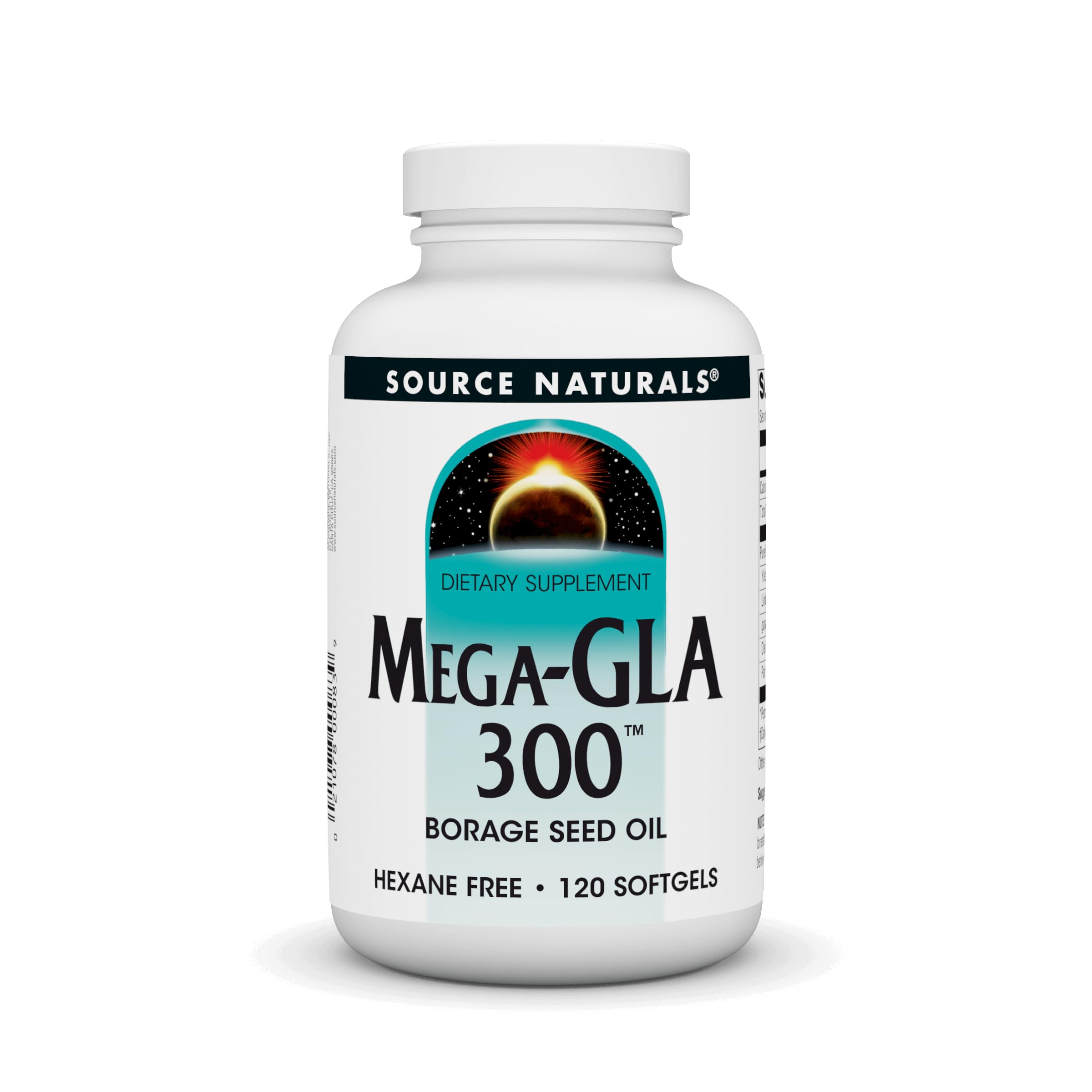 Source Naturals Mega-GLA 300 bottle showing hexane-free borage oil for daily wellness.