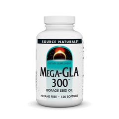 Source Naturals Mega-GLA 300 bottle showing hexane-free borage oil for daily wellness.