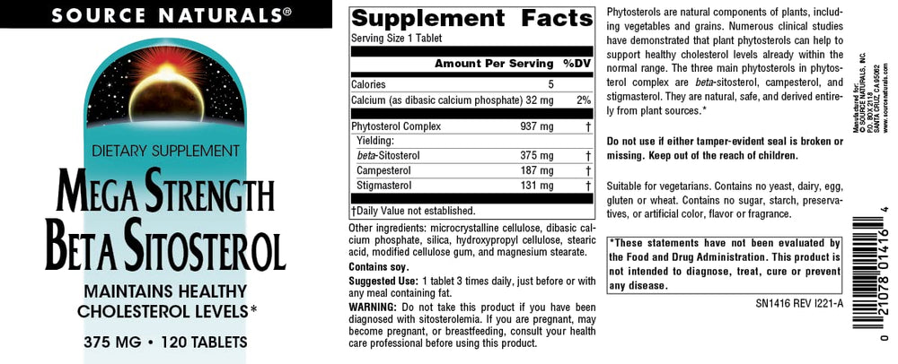 Source Naturals Mega Strength Beta Sitosterol ingredients list showing plant-based phytosterols.