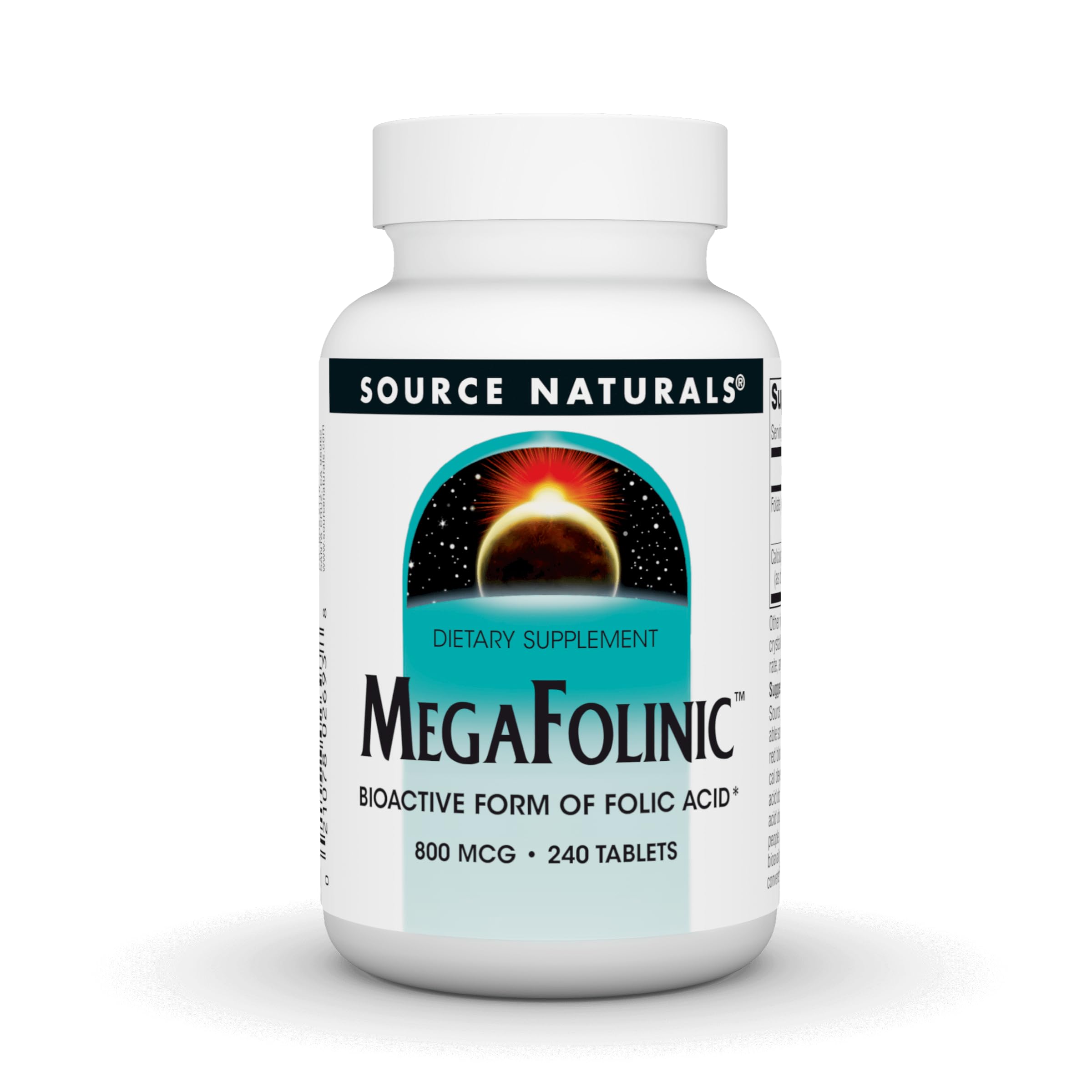 Source Naturals MegaFolinic bottle front with tablets for daily folate support