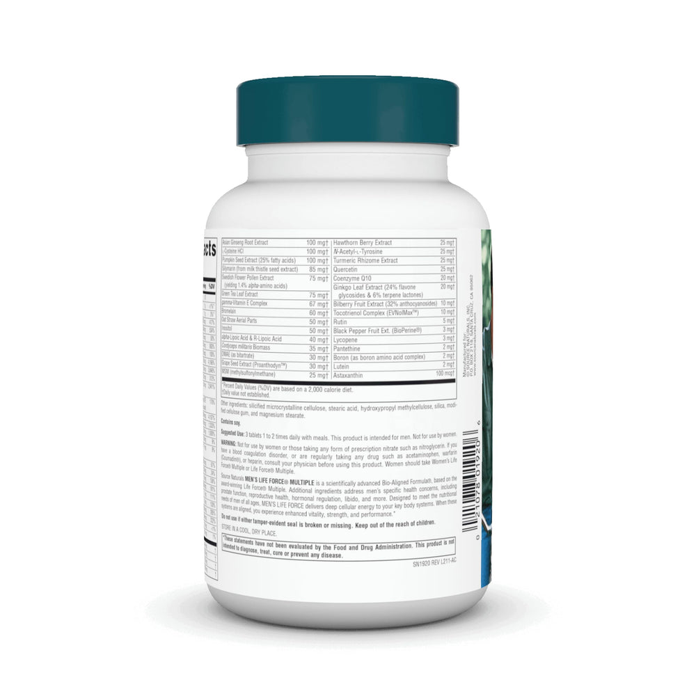 Source Naturals Men's Life Force tablets shown ready to take with meals.