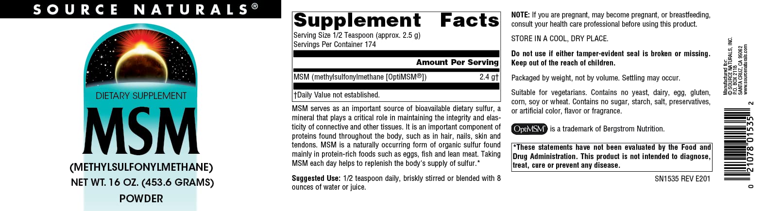 Source Naturals MSM powder ingredients panel shows allergen-free formula.