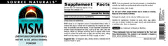 Source Naturals MSM powder ingredients panel shows allergen-free formula.