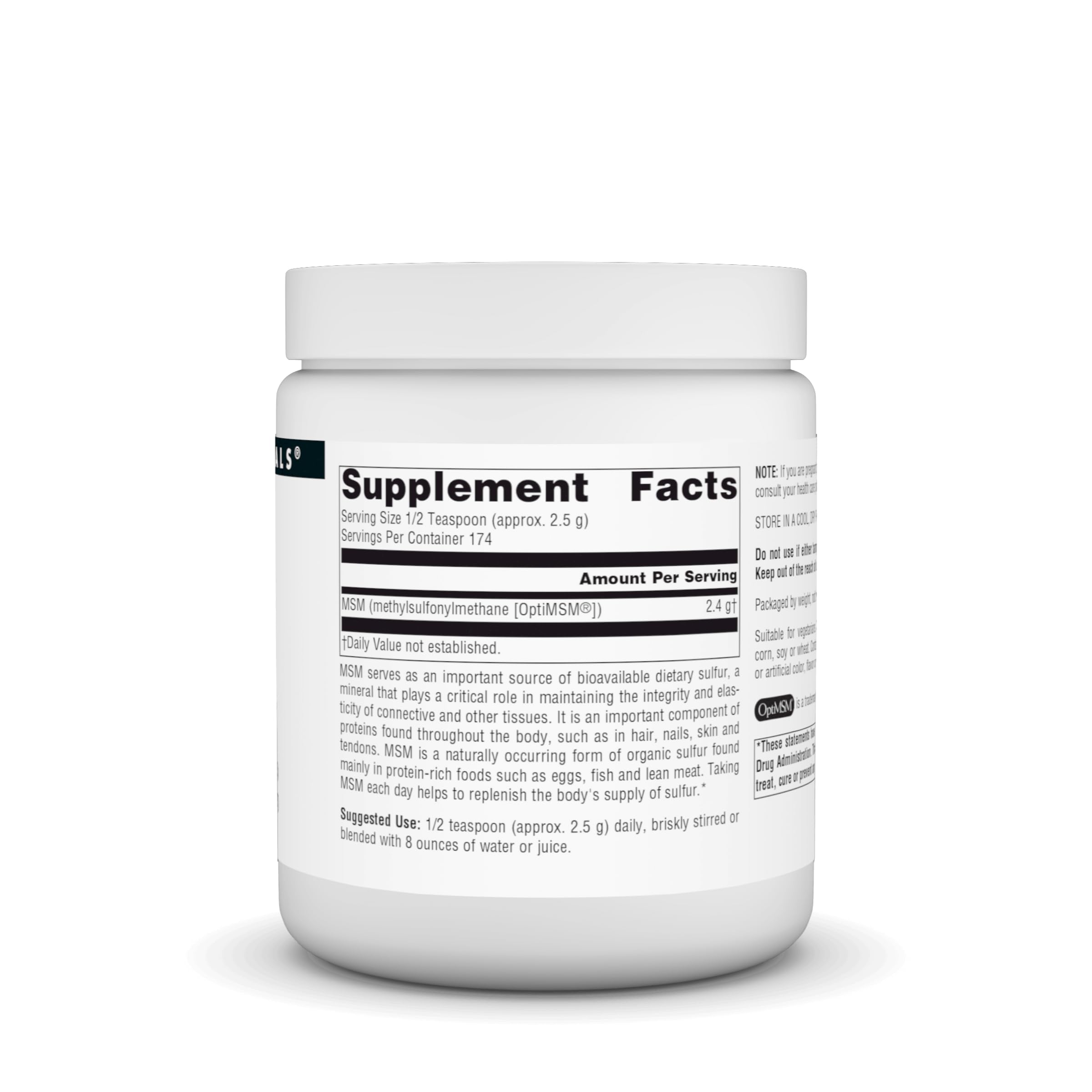 Source Naturals MSM powder scoop demonstrates half-teaspoon daily dosing.
